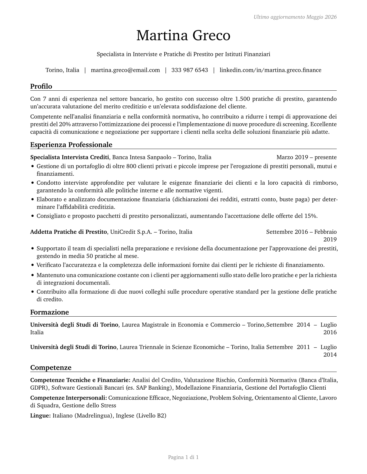 Loan Interviewers and Clerks CV in Italian — page 1
