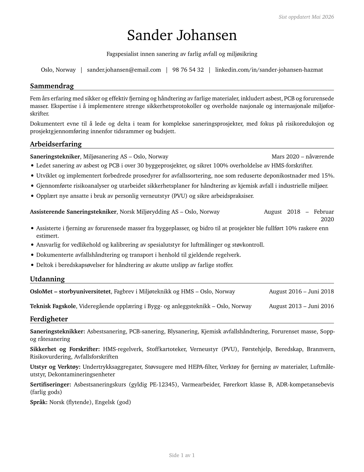 Hazardous Materials Removal Workers CV in Norwegian_bokmal — page 1