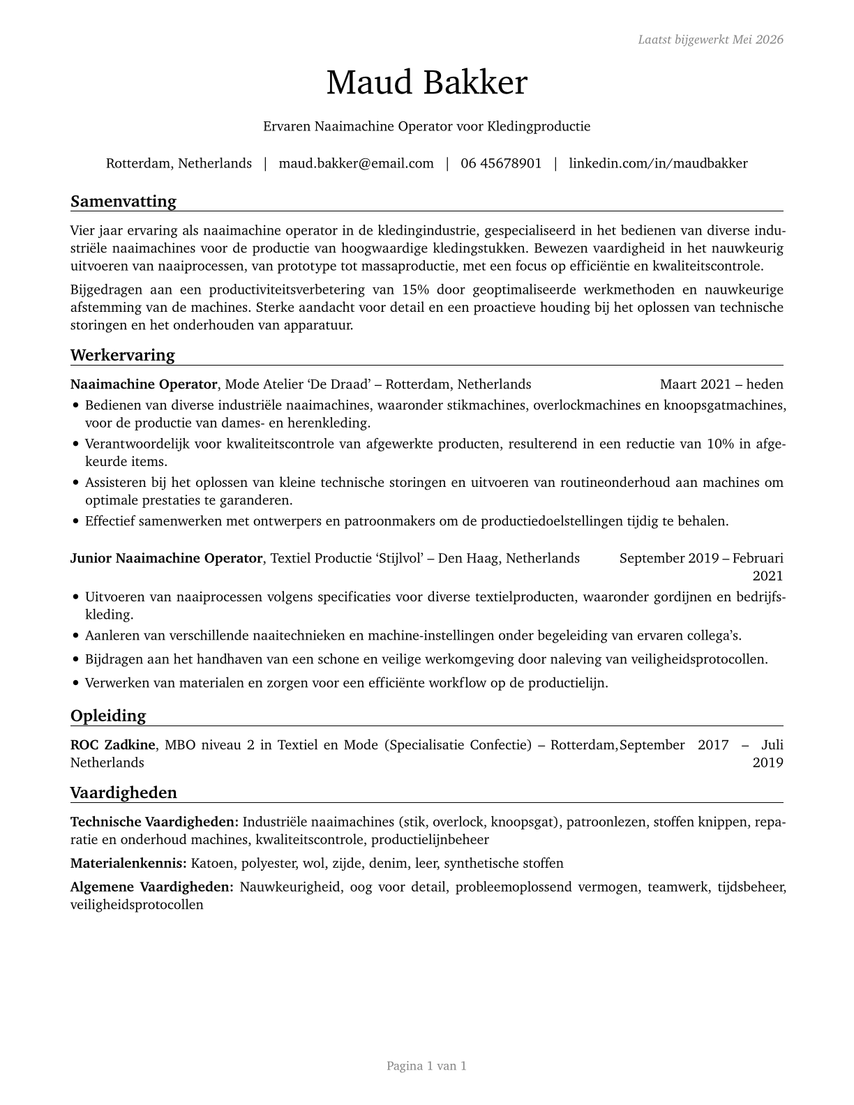 Sewing Machine Operators CV in Dutch — page 1