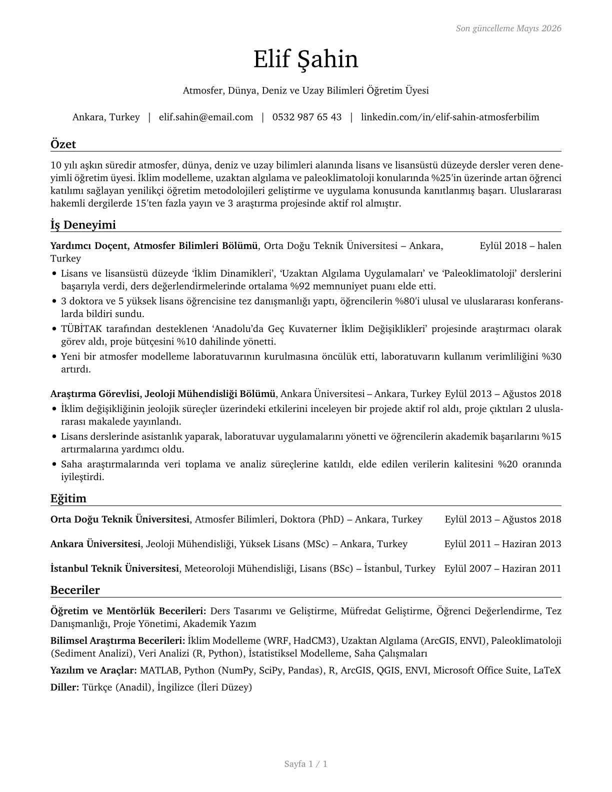 Atmospheric, Earth, Marine, and Space Sciences Teachers, Postsecondary CV in Turkish — page 1