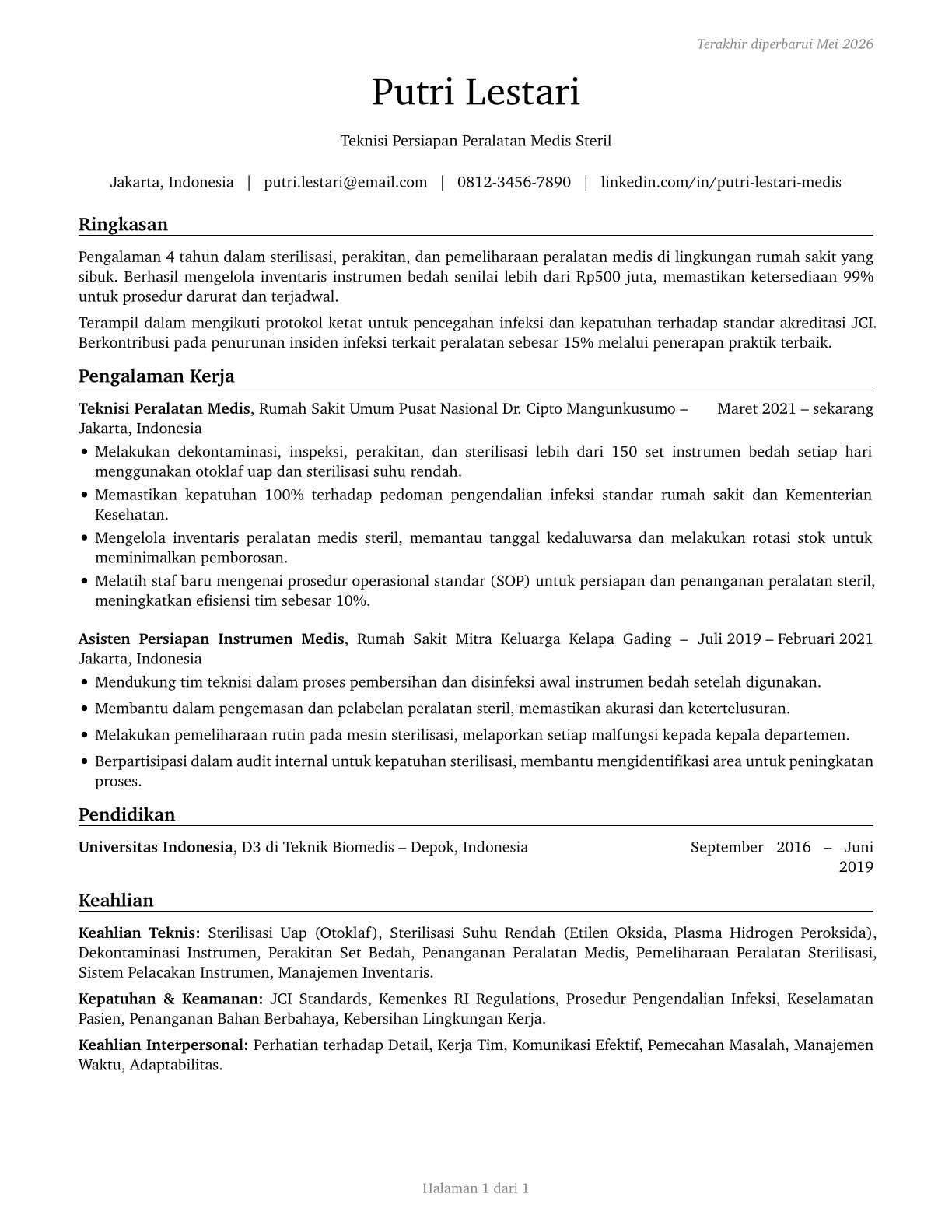 Medical Equipment Preparers CV in Indonesian — page 1
