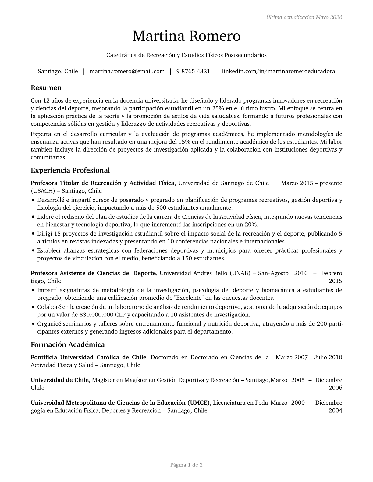 Recreation and Fitness Studies Teachers, Postsecondary CV in Spanish — page 1