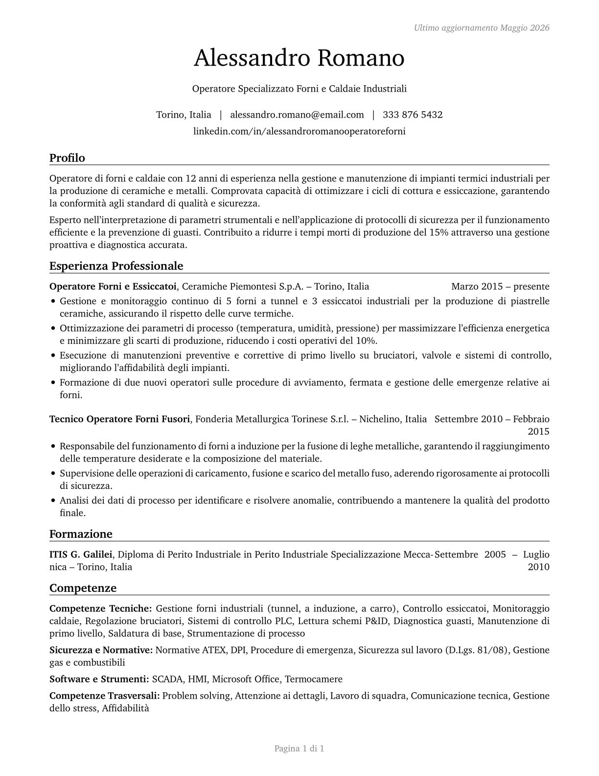 Furnace, Kiln, Oven, Drier, and Kettle Operators and Tenders CV in Italian — page 1