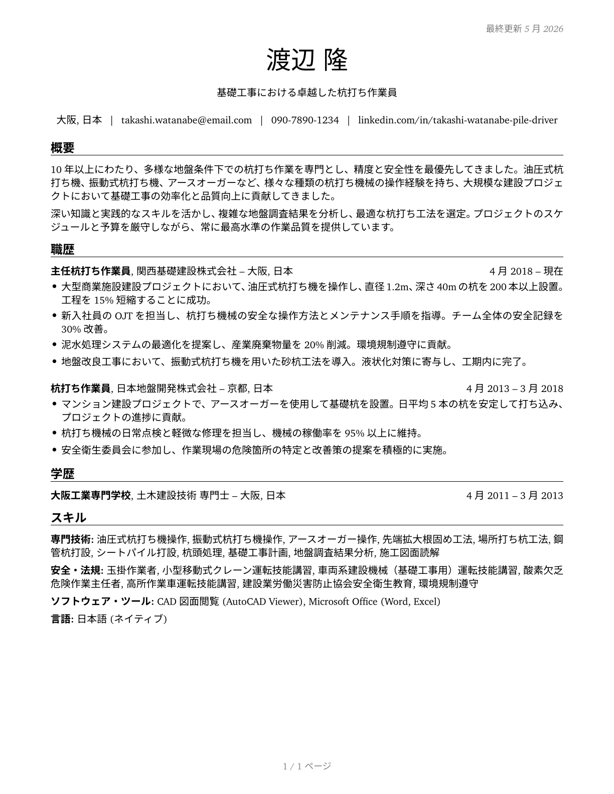 Pile Driver Operators CV in Japanese — page 1