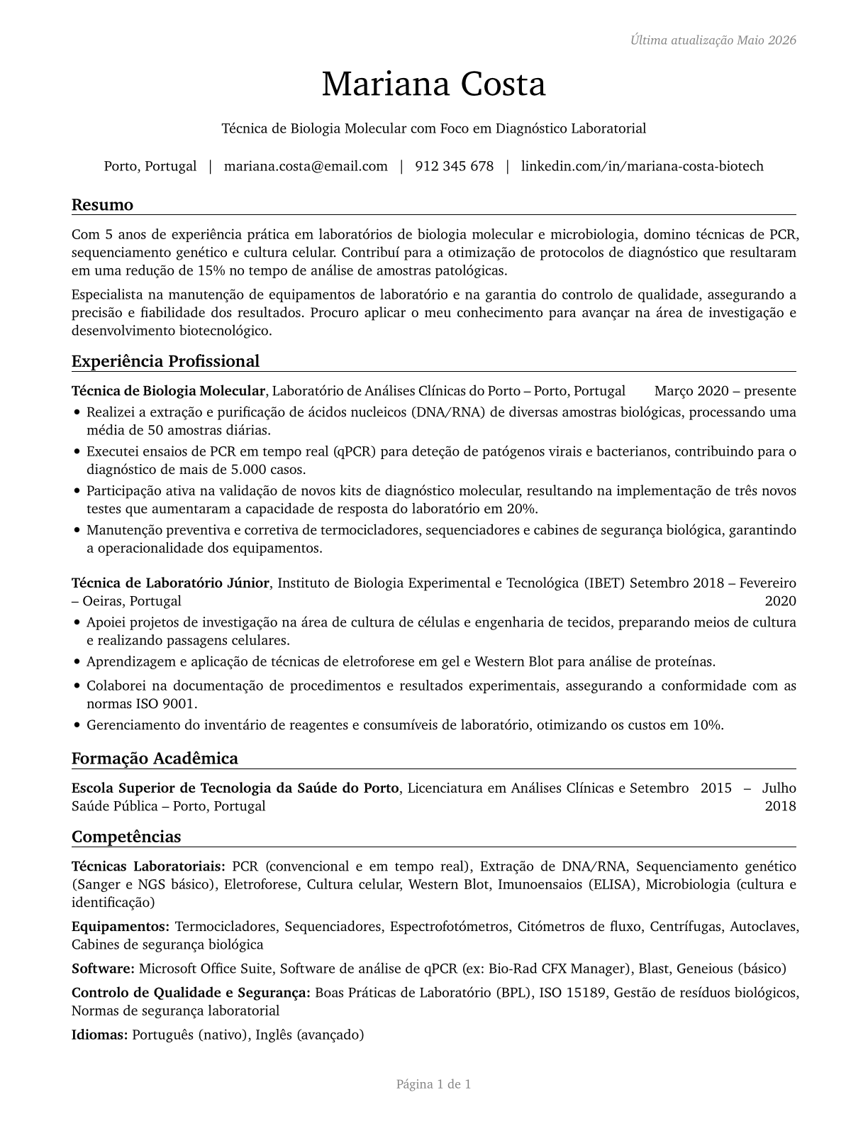 Biological Technicians CV in Portuguese — page 1