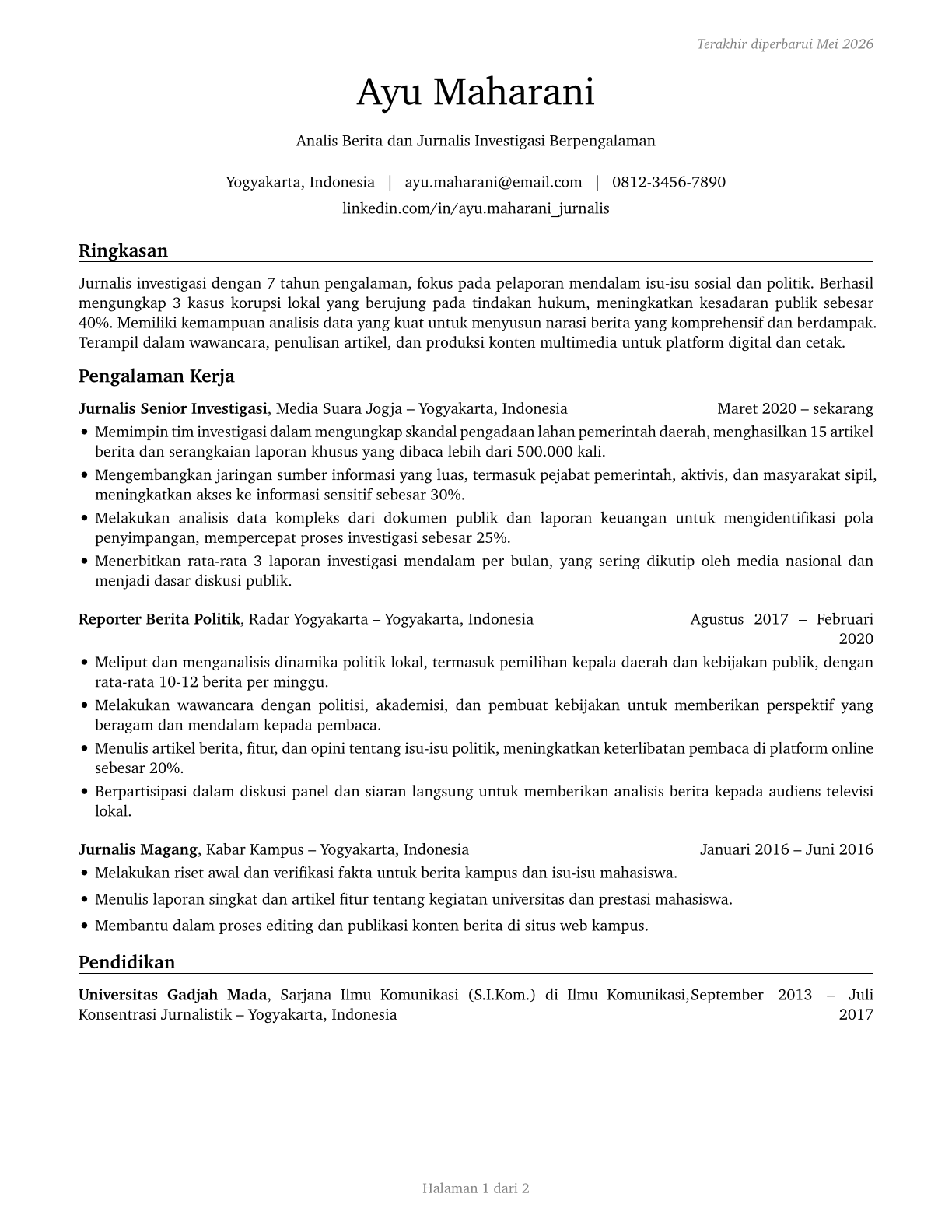 News Analysts, Reporters, and Journalists CV in Indonesian — page 1