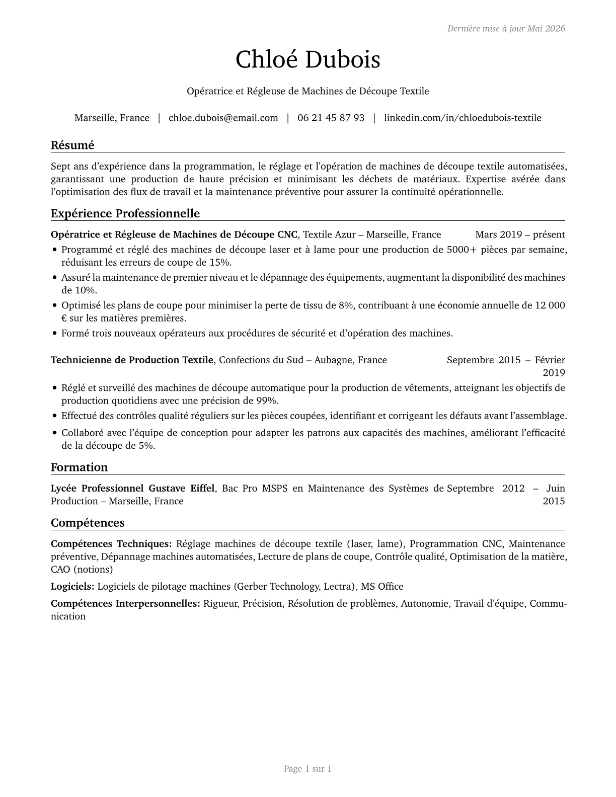 Textile Cutting Machine Setters, Operators, and Tenders CV in French — page 1