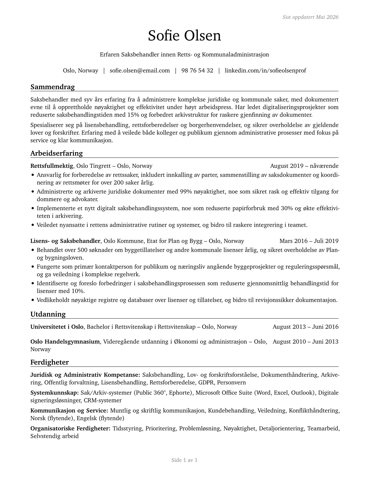 Court, Municipal, and License Clerks CV in Norwegian_bokmal — page 1