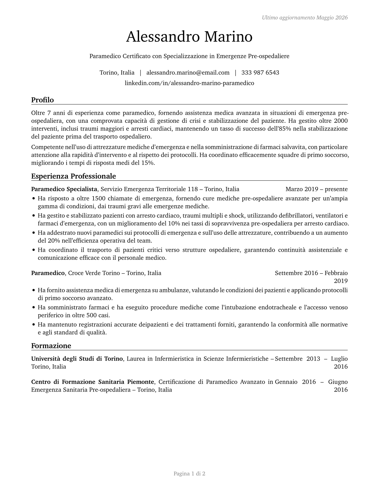 Paramedics CV in Italian — page 1