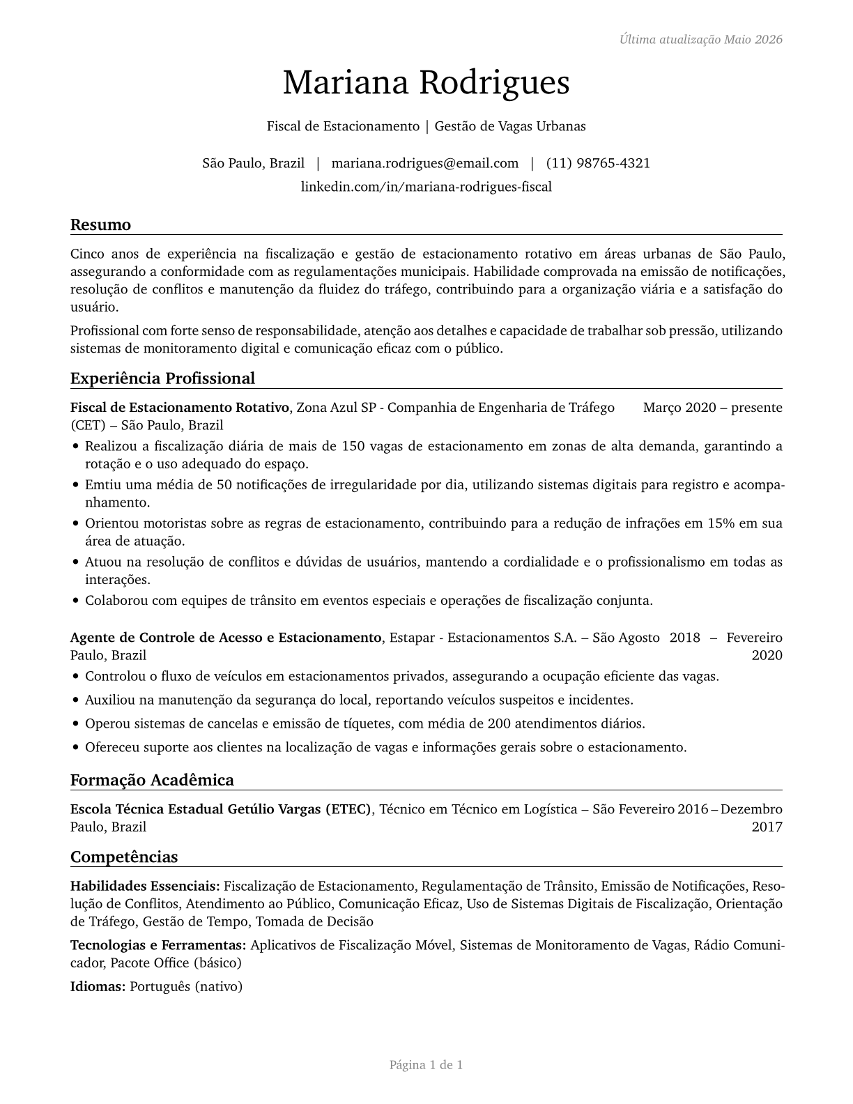 Parking Enforcement Workers CV in Portuguese — page 1