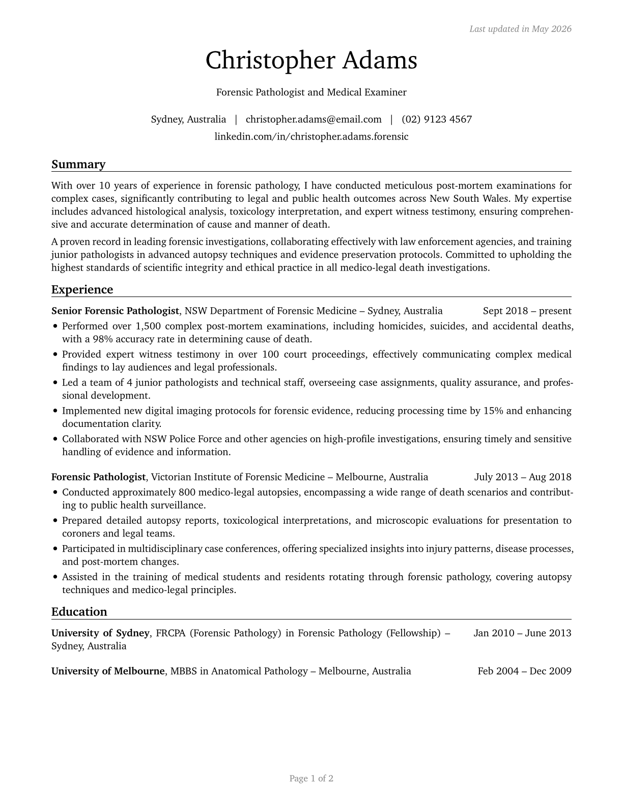 Coroners CV in English — page 1