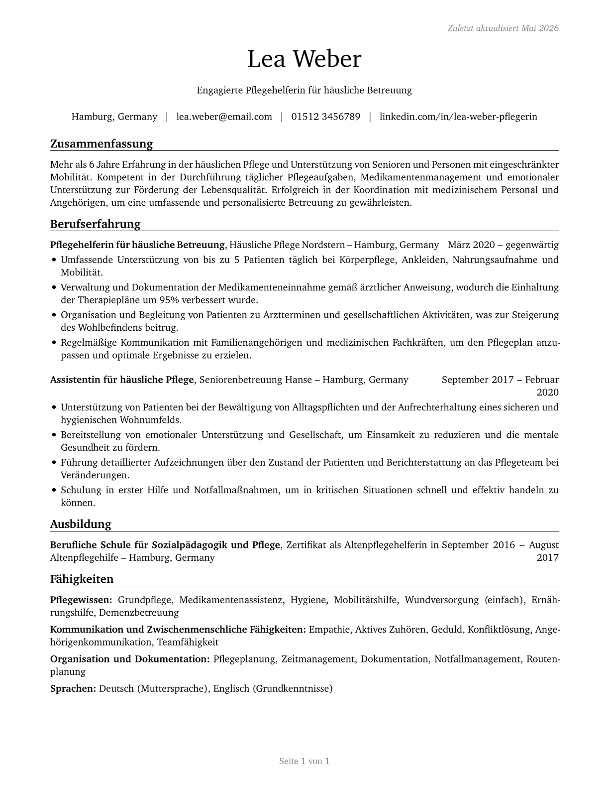 Home Health Aides CV in German — page 1