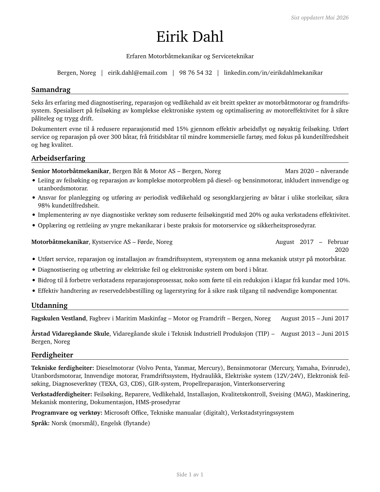 Motorboat Mechanics and Service Technicians CV in Norwegian_nynorsk — page 1
