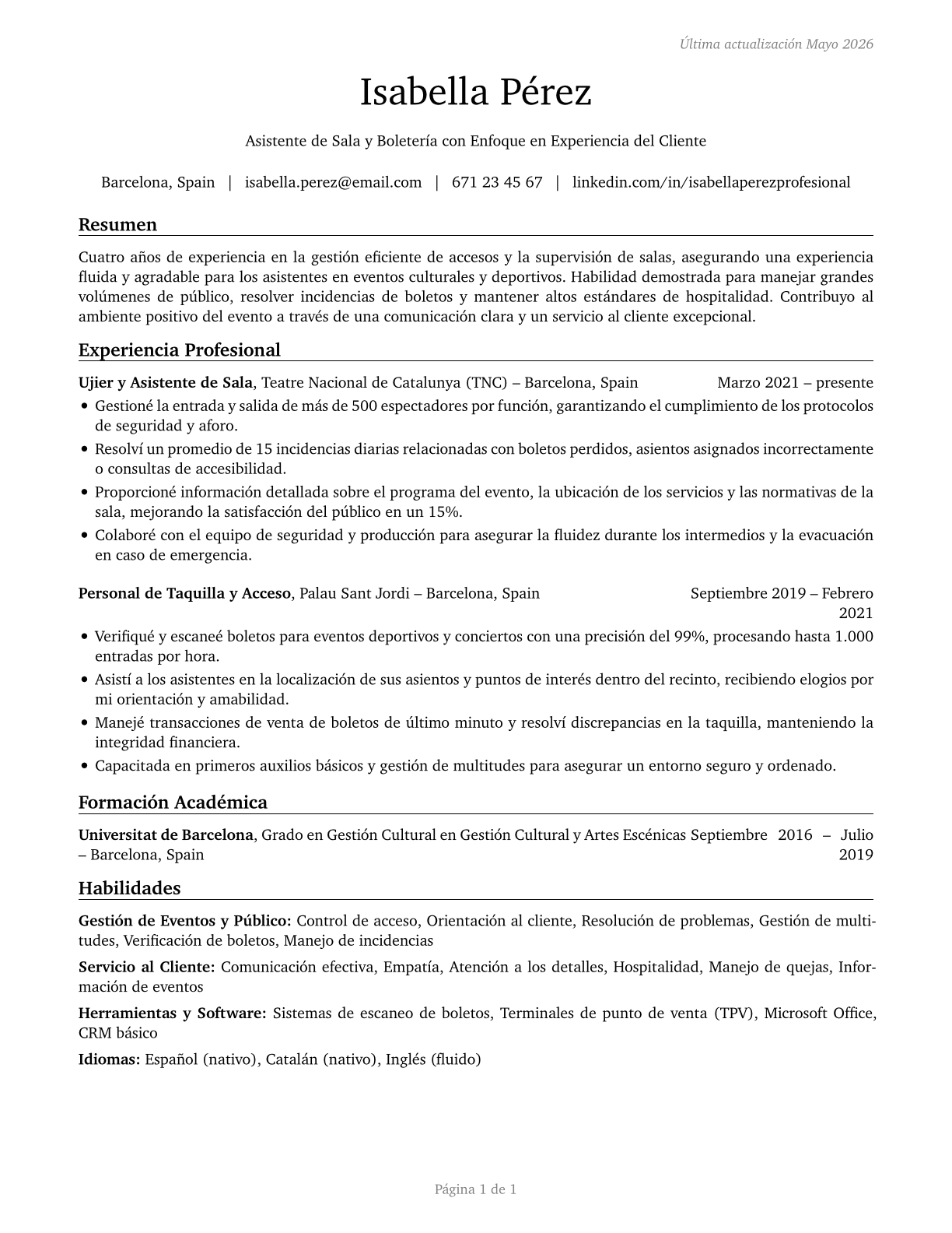Ushers, Lobby Attendants, and Ticket Takers CV in Spanish — page 1