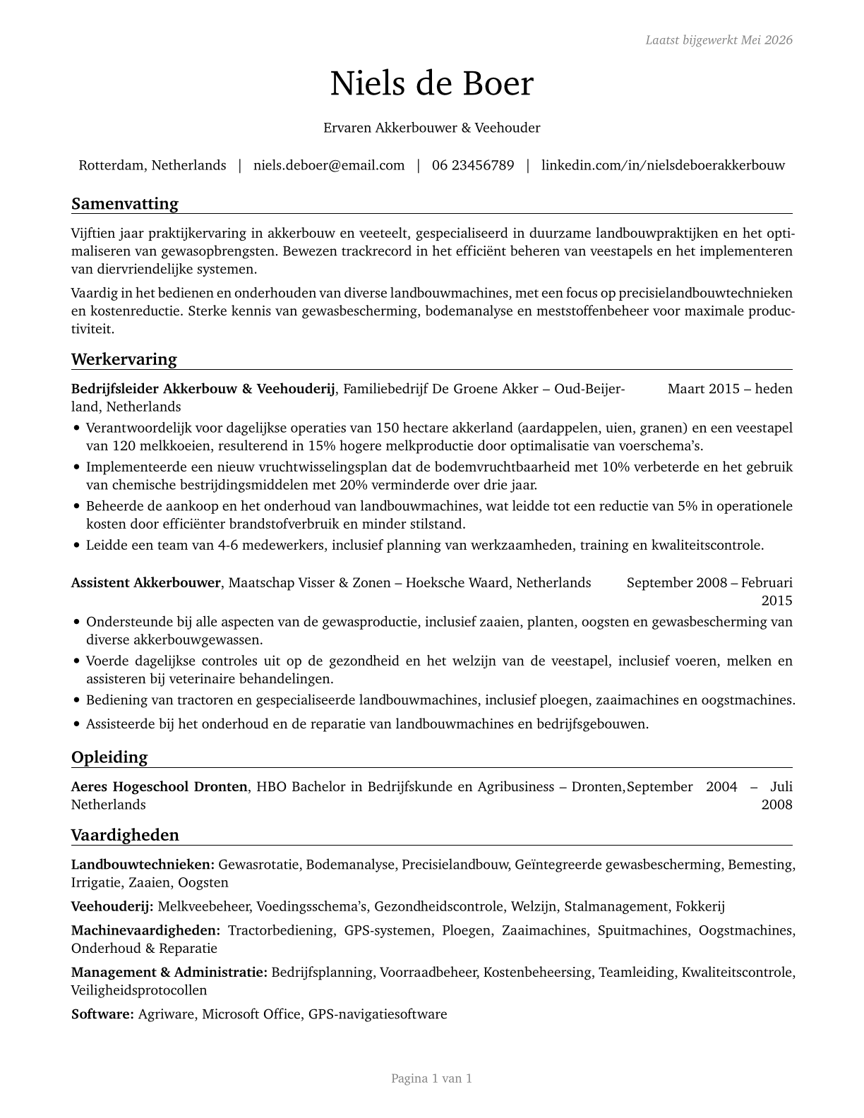Farmworkers, Farm, Ranch, and Aquacultural Animals CV in Dutch — page 1