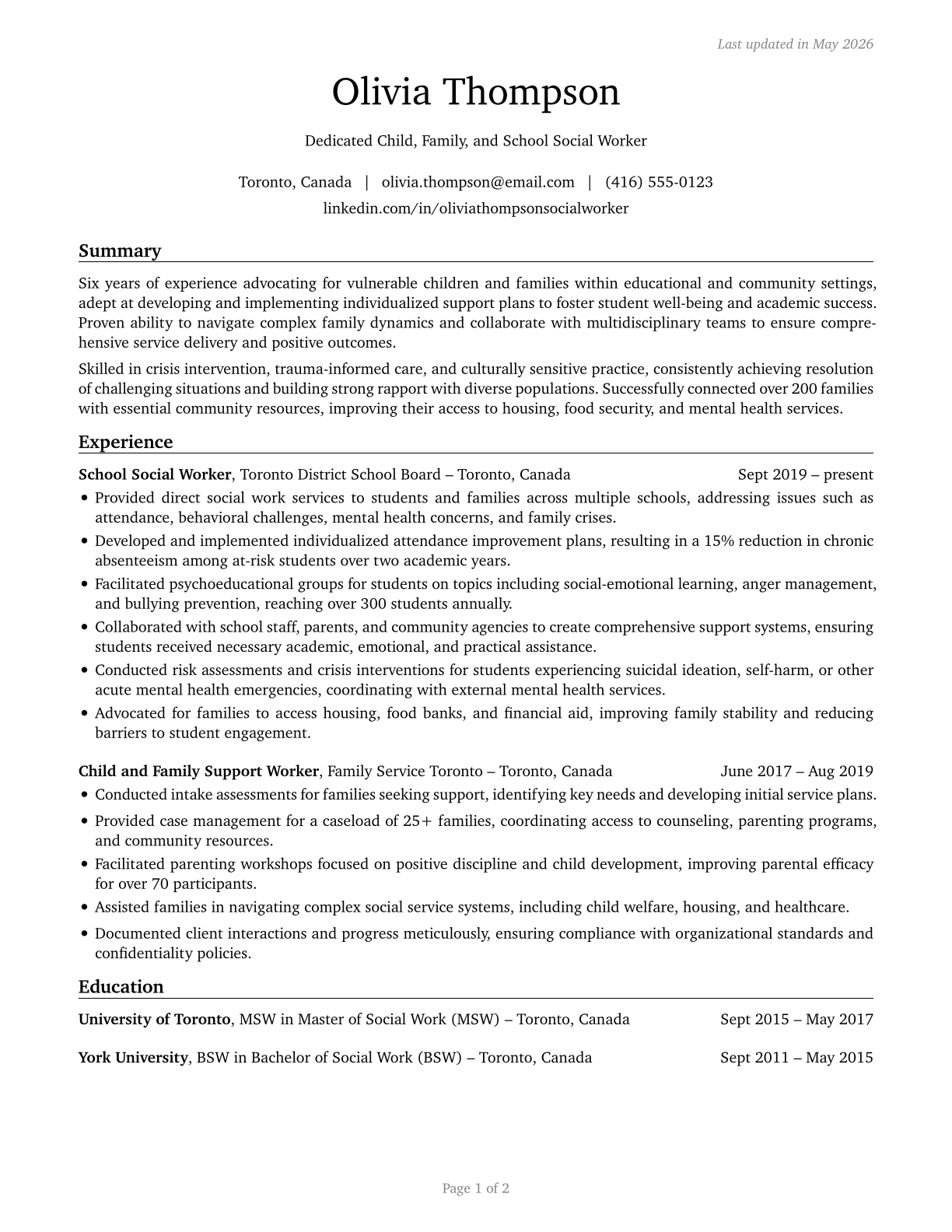 Child, Family, and School Social Workers CV in English — page 1
