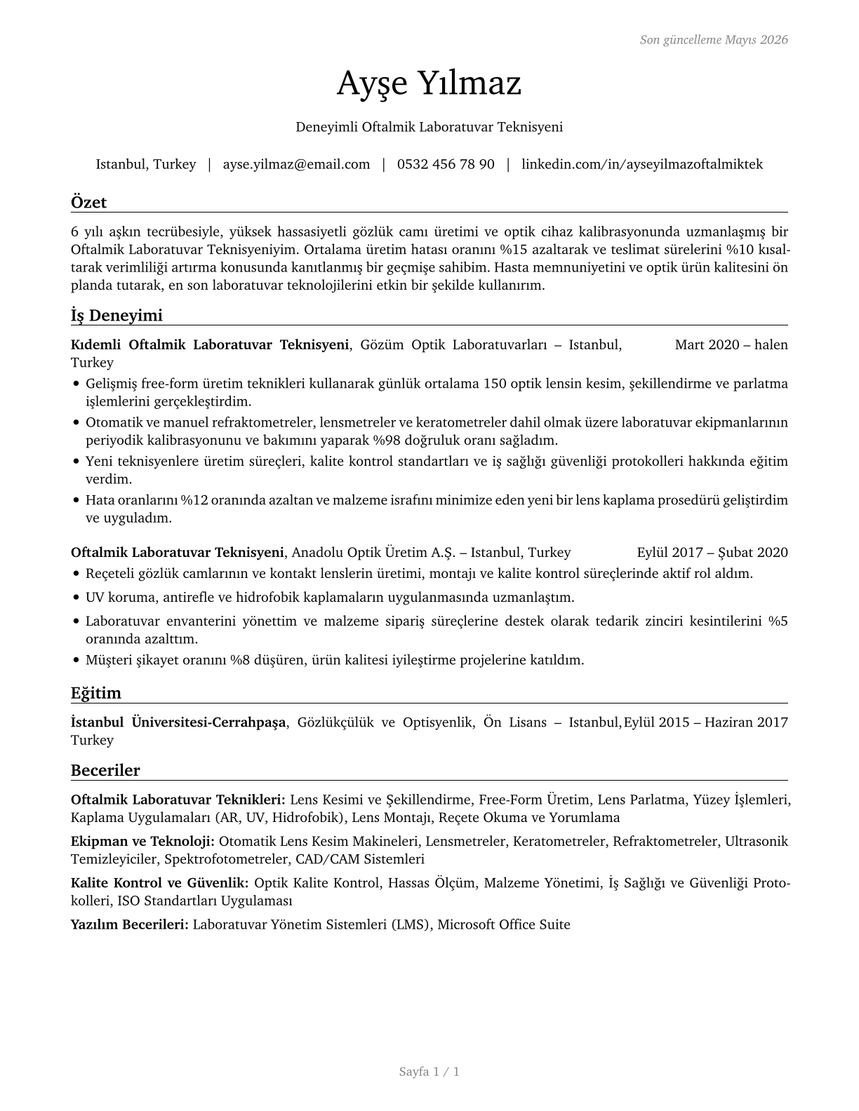 Ophthalmic Laboratory Technicians CV in Turkish — page 1