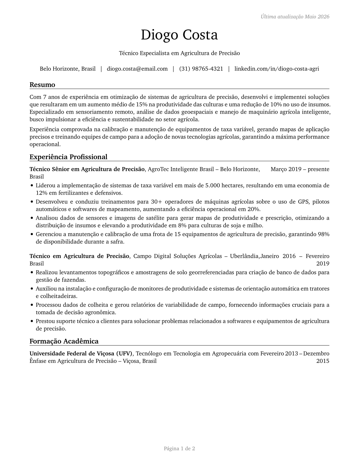 Precision Agriculture Technicians CV in Portuguese — page 1