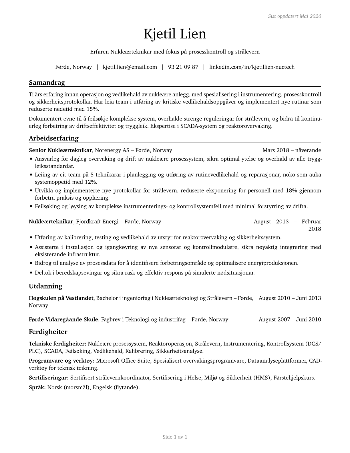 Nuclear Technicians CV in Norwegian_nynorsk — page 1