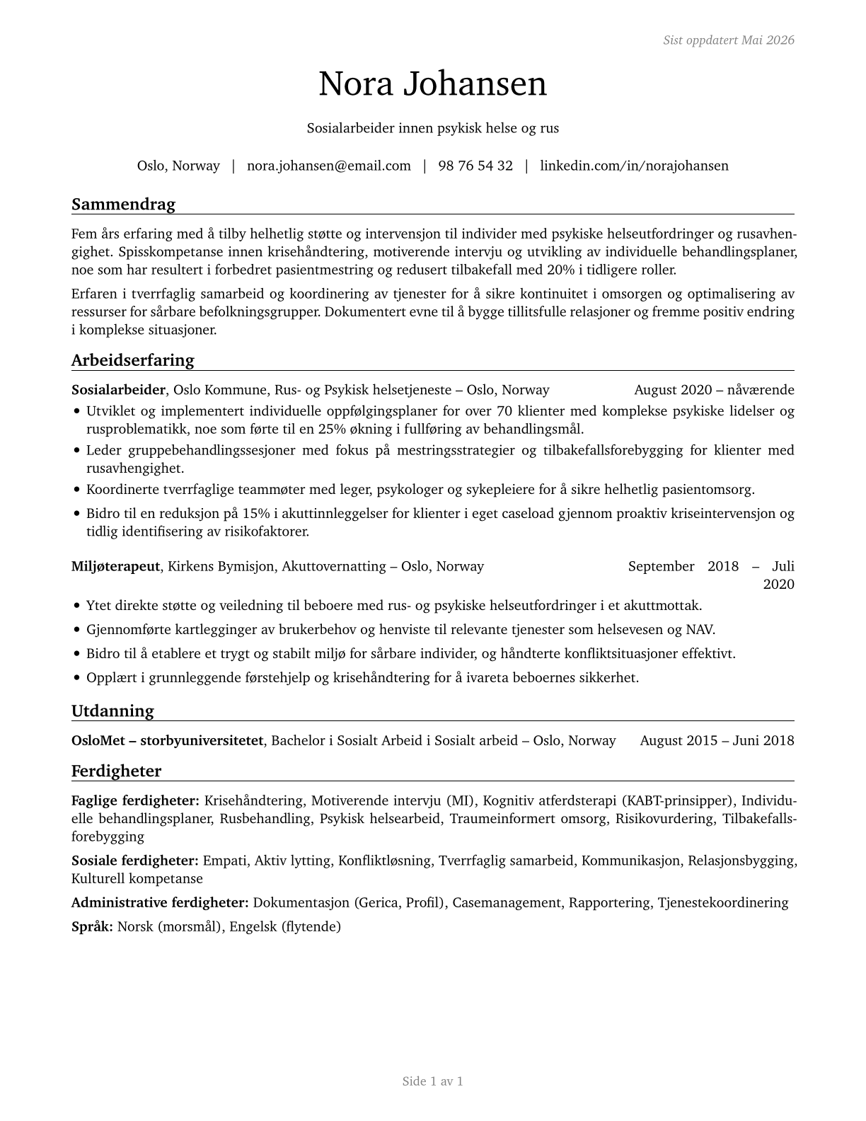 Mental Health and Substance Abuse Social Workers CV in Norwegian_bokmal — page 1