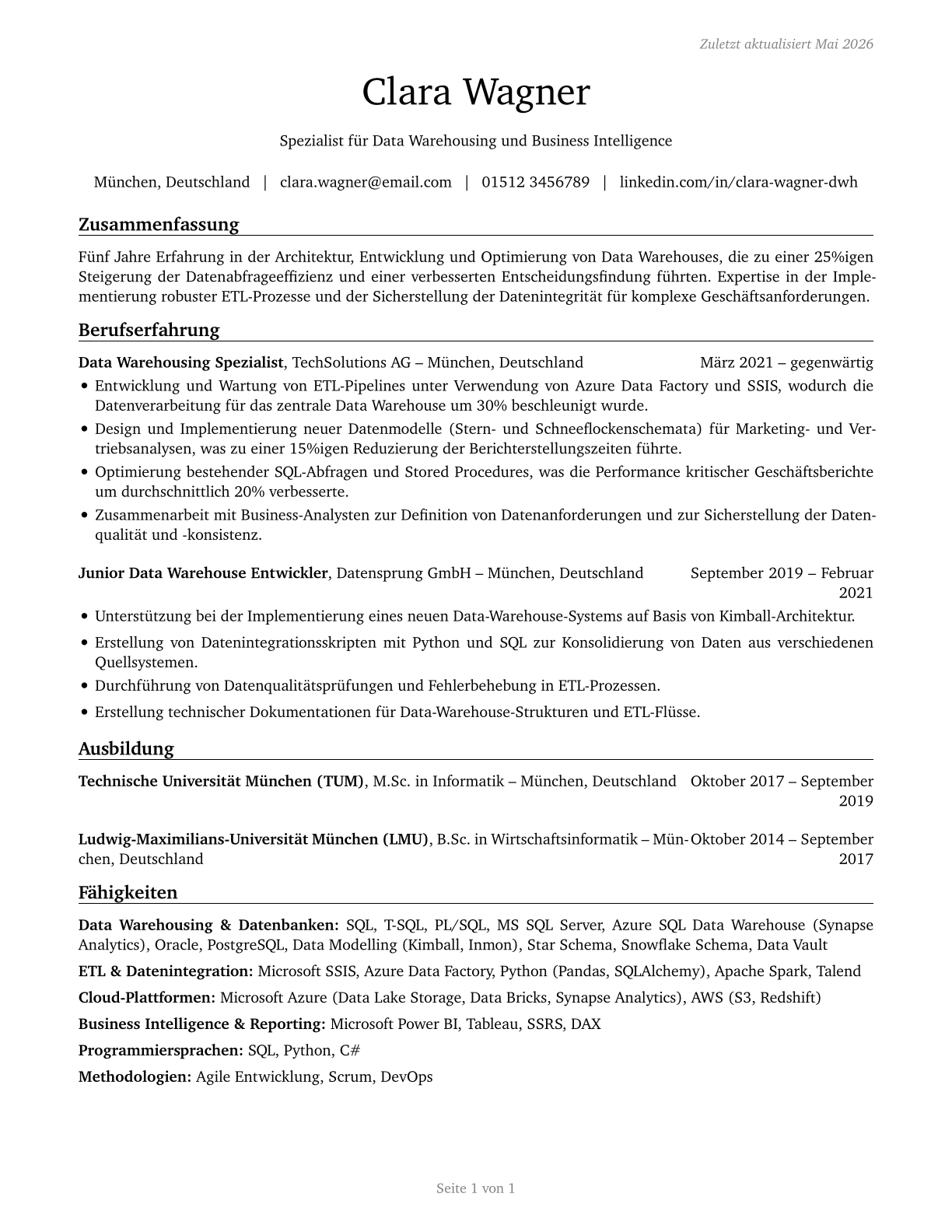 Data Warehousing Specialists CV in German — page 1