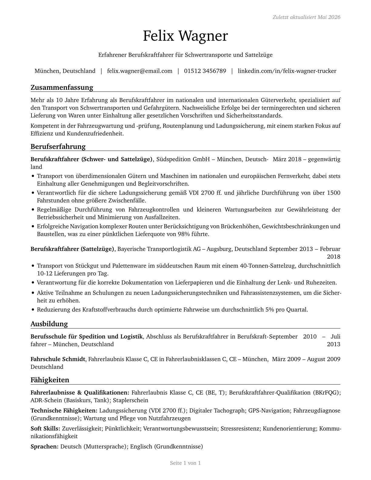 Heavy and Tractor-Trailer Truck Drivers CV in German — page 1
