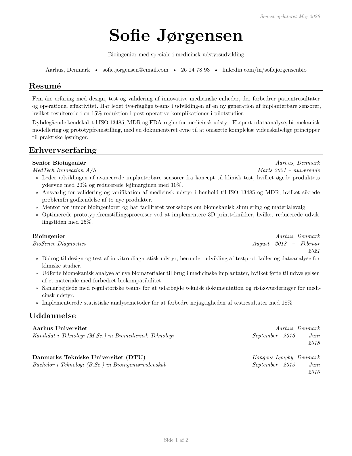 Bioengineers and Biomedical Engineers CV in Danish — page 1