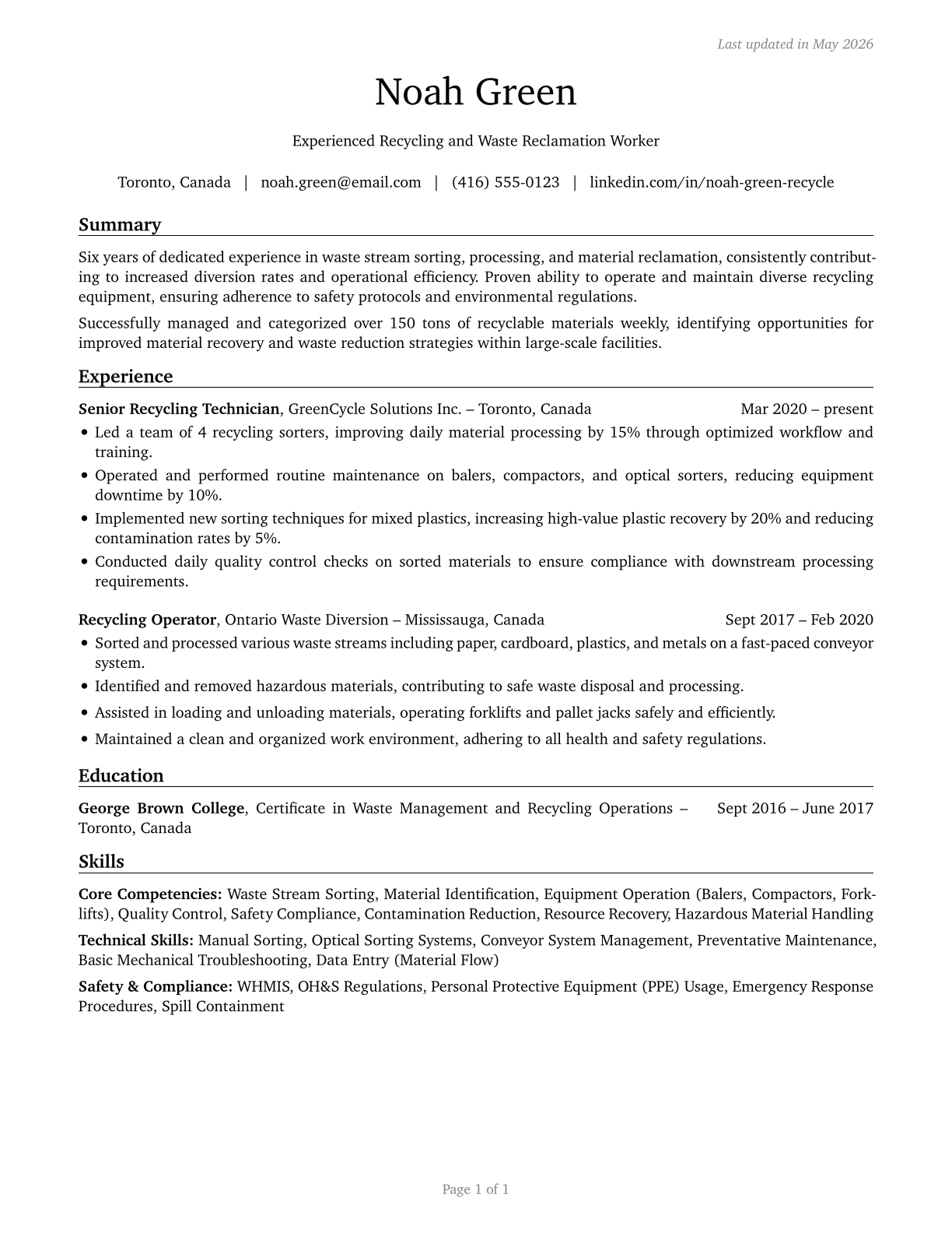 Recycling and Reclamation Workers CV in English — page 1