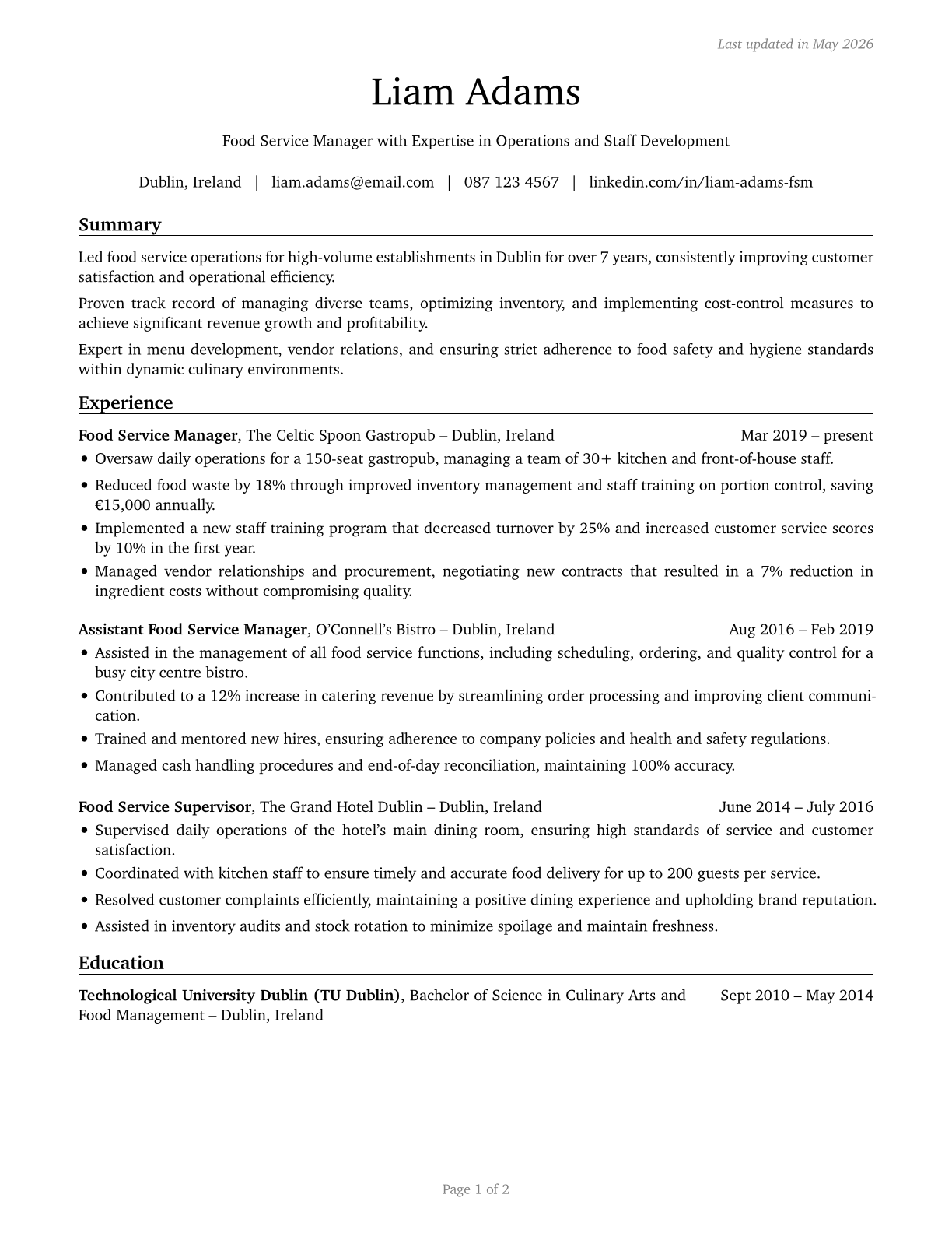 Food Service Managers CV in English — page 1