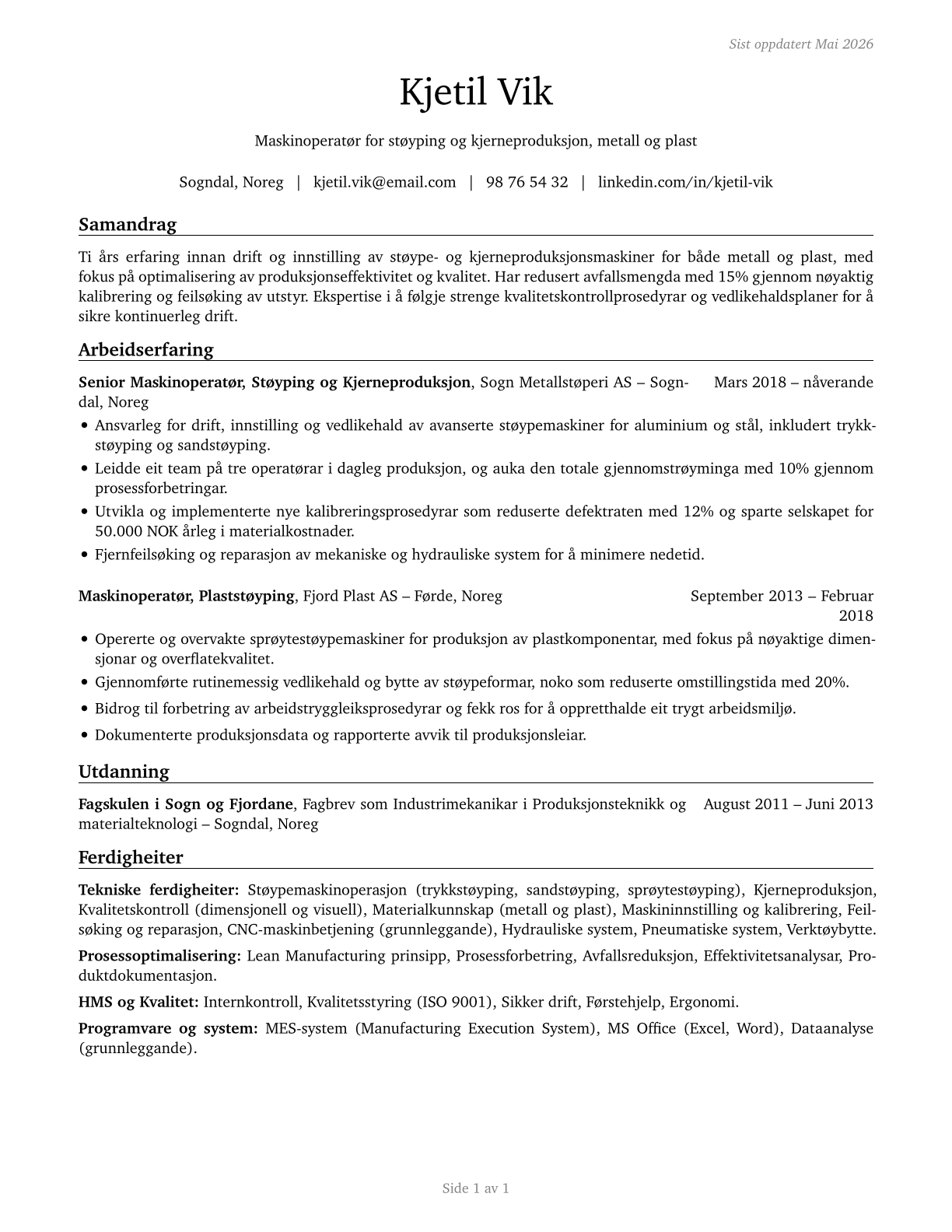 Molding, Coremaking, and Casting Machine Setters, Operators, and Tenders, Metal and Plastic CV in Norwegian_nynorsk — page 1
