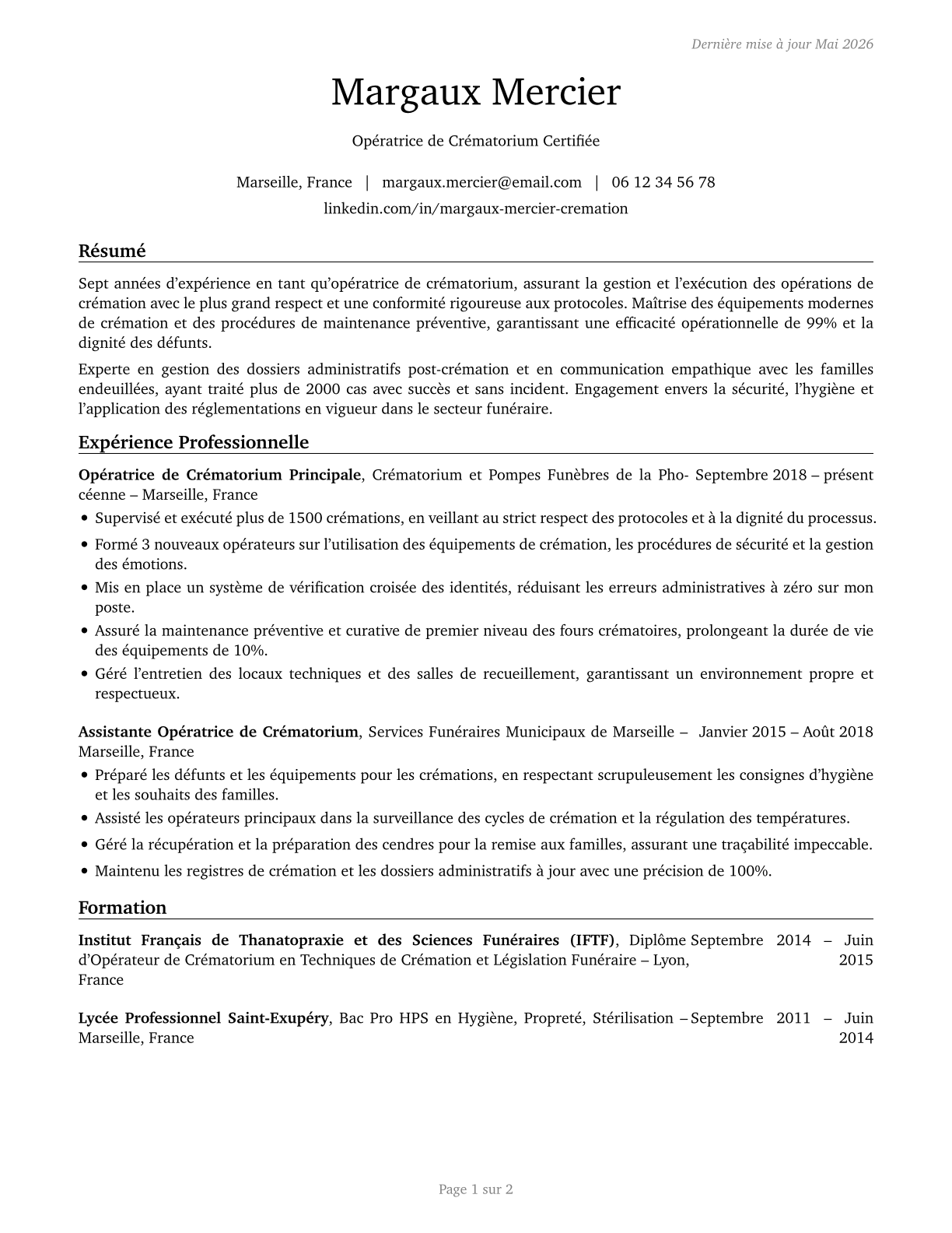 Crematory Operators CV in French — page 1