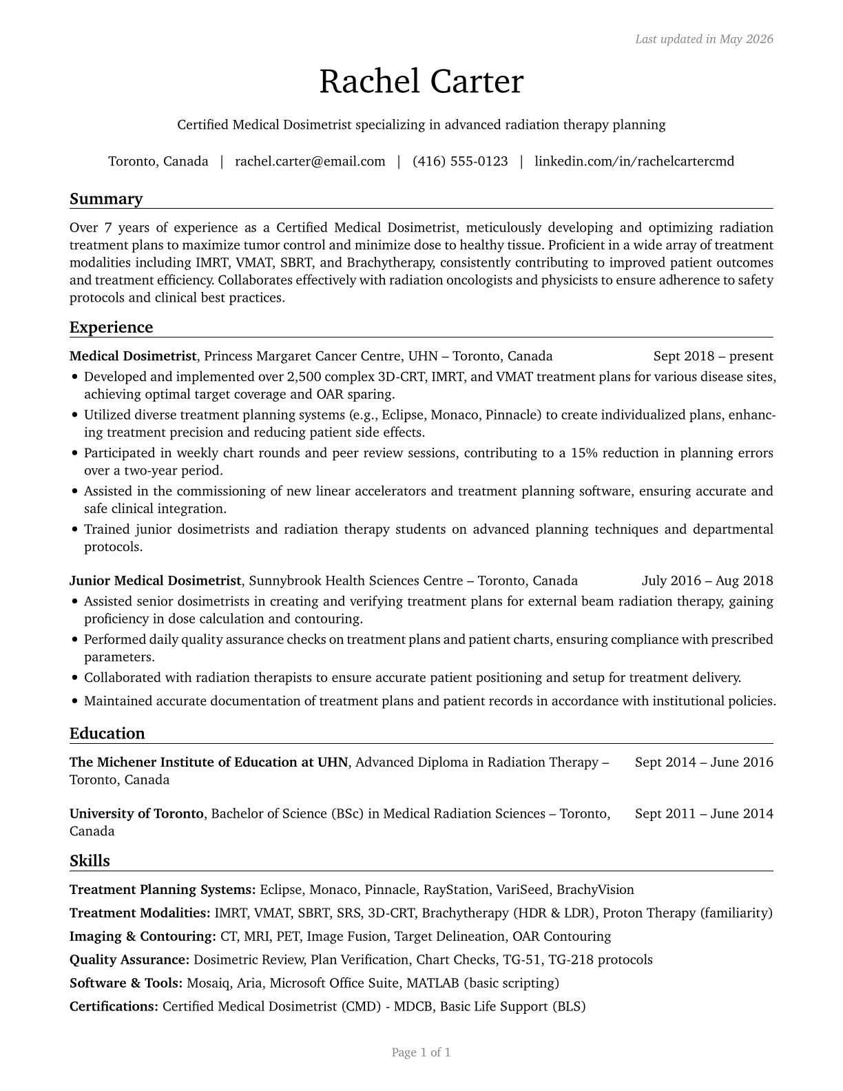 Medical Dosimetrists CV in English — page 1