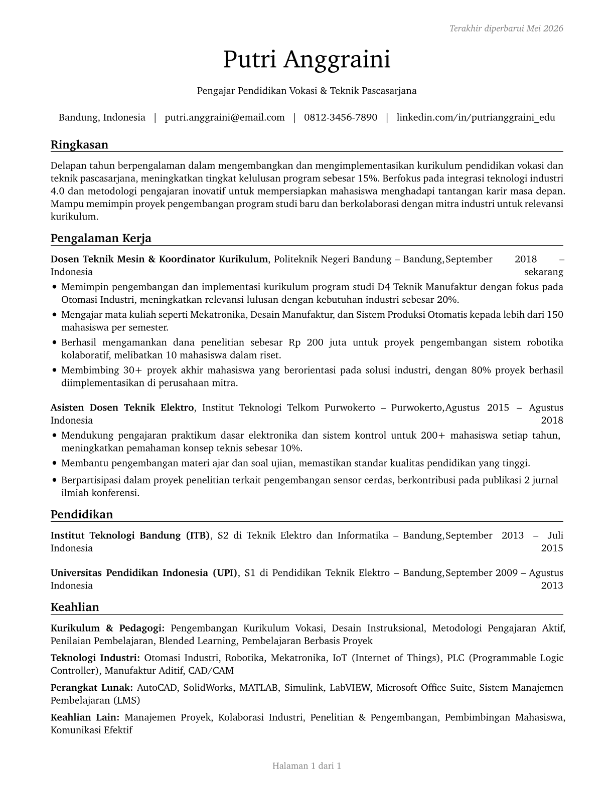 Career/Technical Education Teachers, Postsecondary CV in Indonesian — page 1