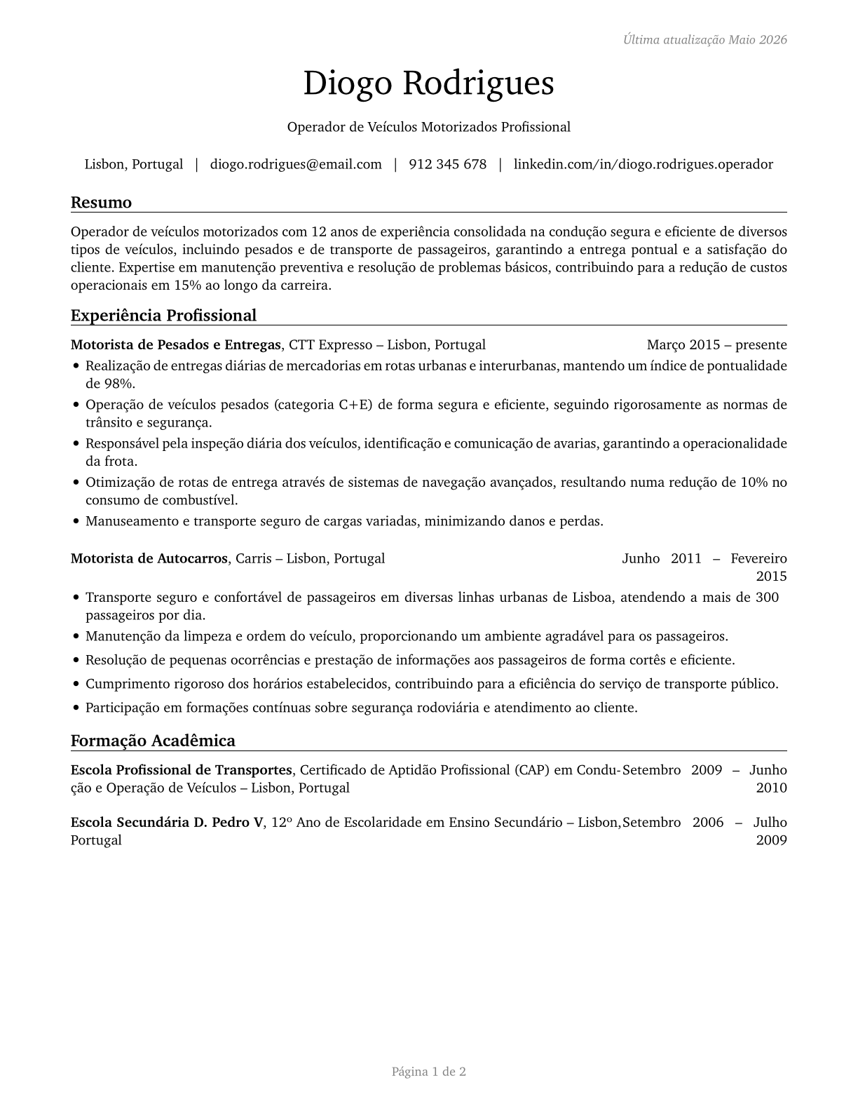 Motor Vehicle Operators, All Other CV in Portuguese — page 1