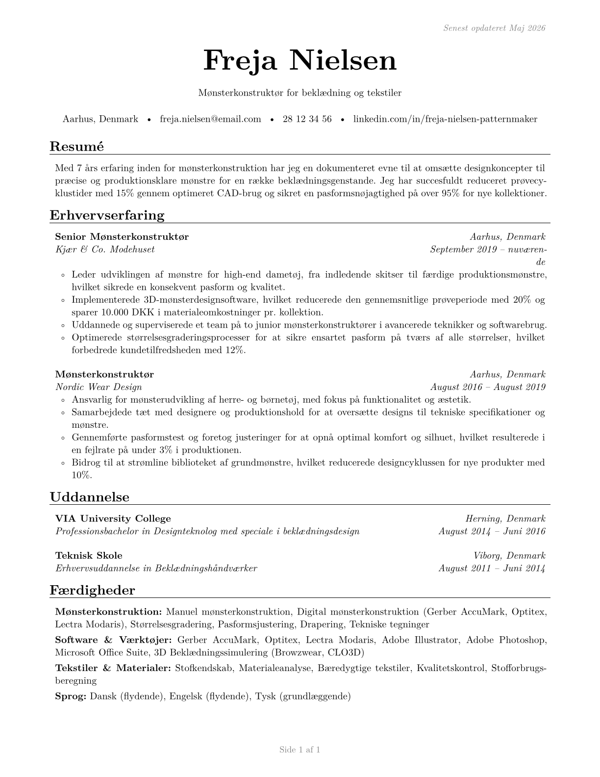 Fabric and Apparel Patternmakers CV in Danish — page 1