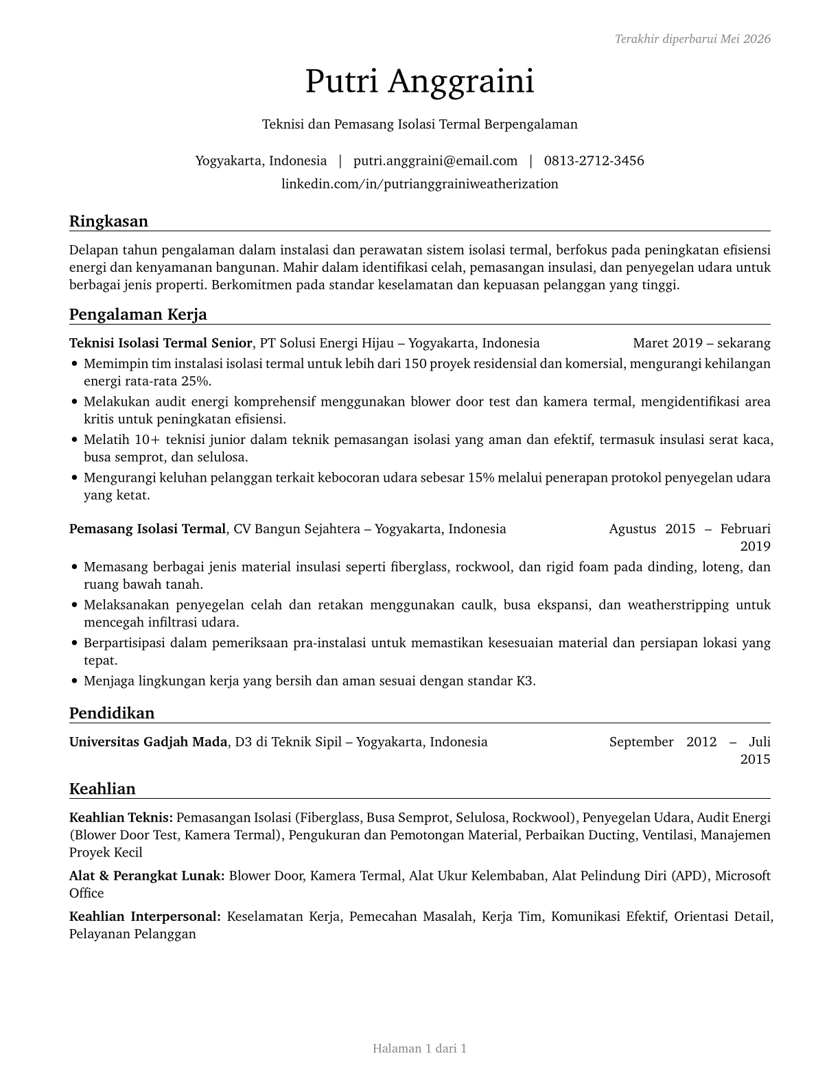 Weatherization Installers and Technicians CV in Indonesian — page 1