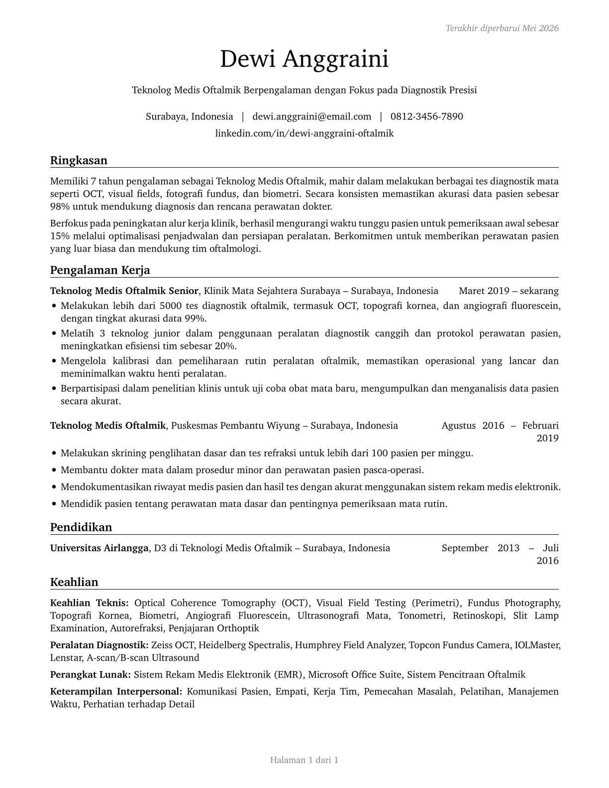 Ophthalmic Medical Technologists CV in Indonesian — page 1