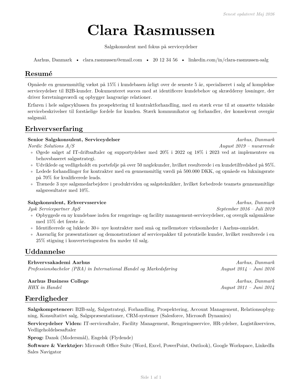 Sales Representatives of Services, Except Advertising, Insurance, Financial Services, and Travel CV in Danish — page 1