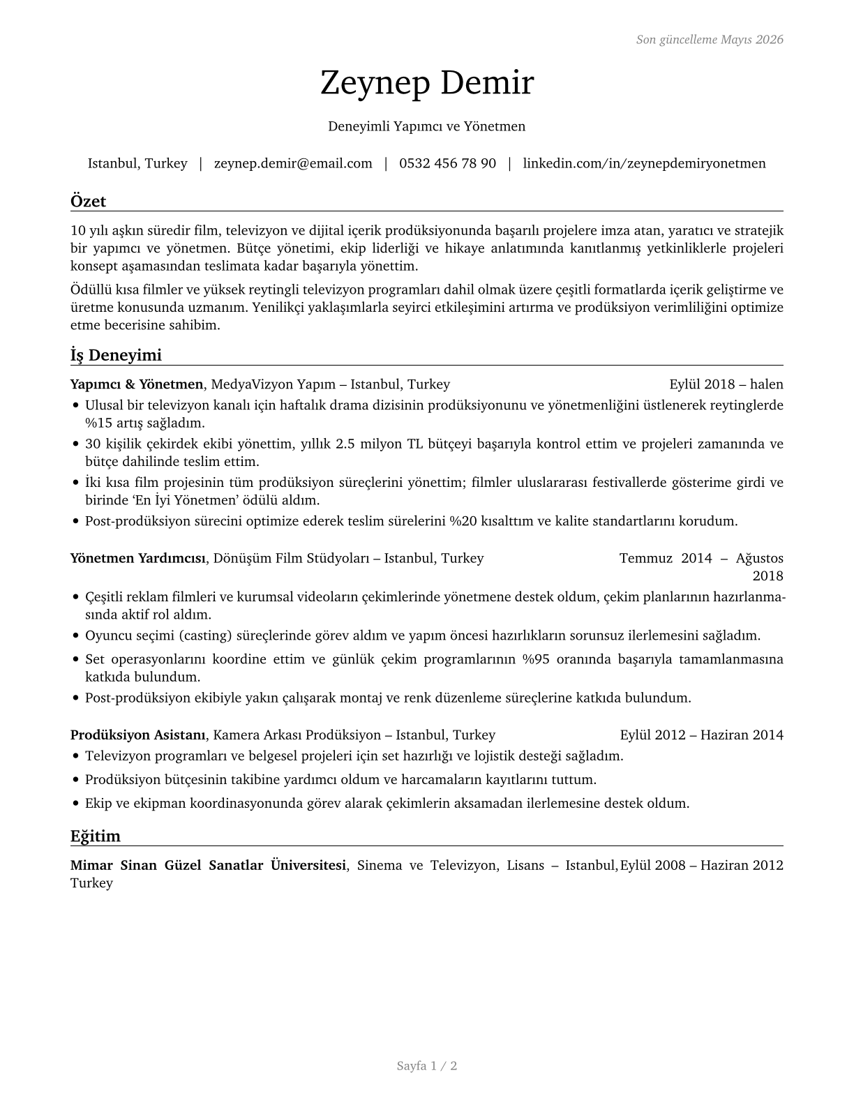 Producers and Directors CV in Turkish — page 1