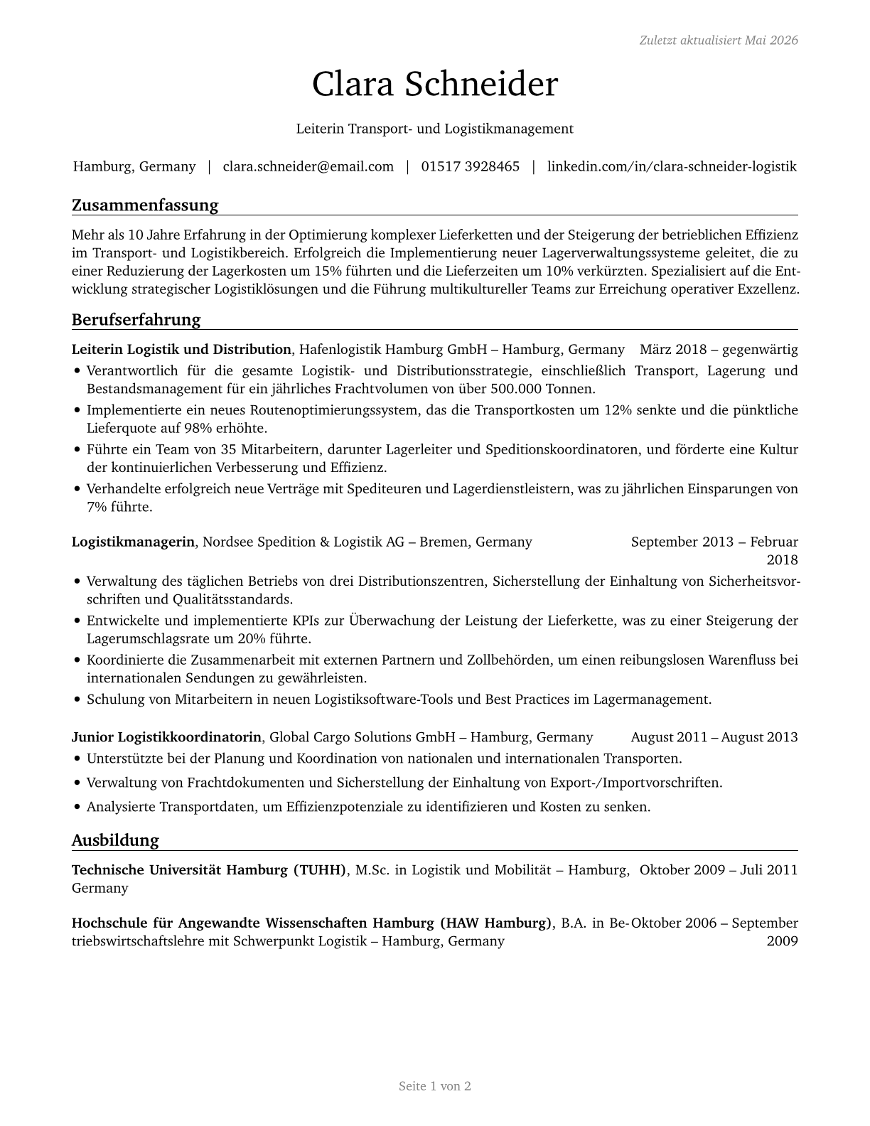 Transportation, Storage, and Distribution Managers CV in German — page 1