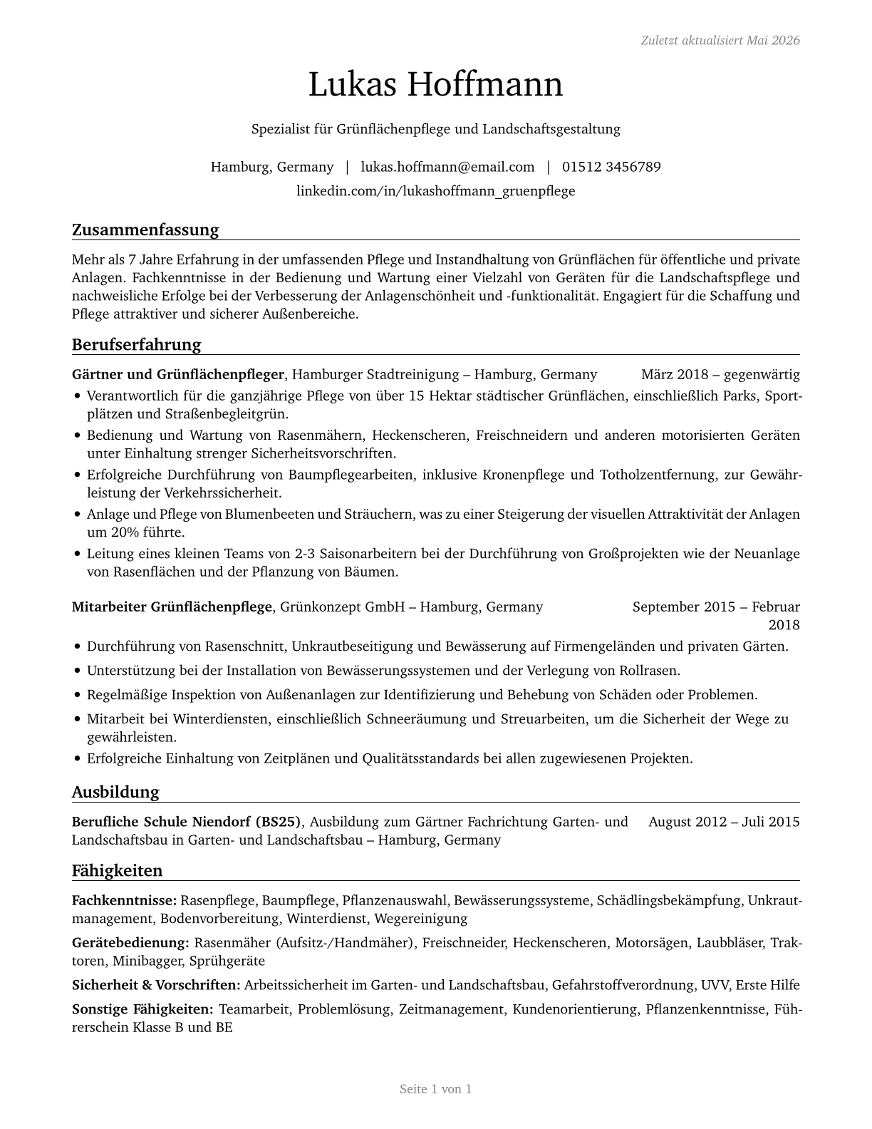 Grounds Maintenance Workers, All Other CV in German — page 1