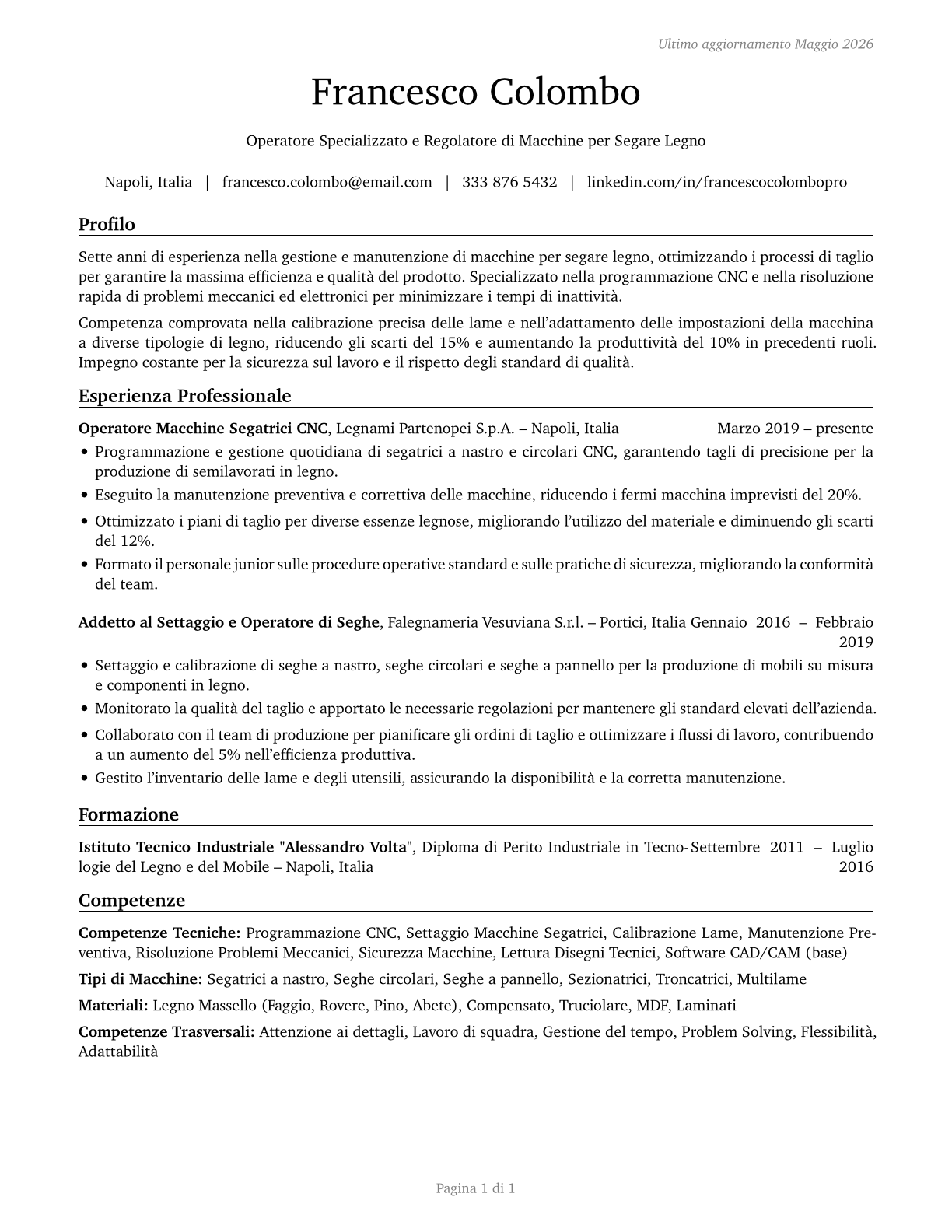 Sawing Machine Setters, Operators, and Tenders, Wood CV in Italian — page 1