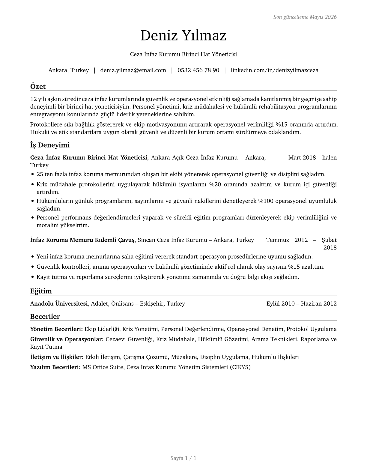 First-Line Supervisors of Correctional Officers CV in Turkish — page 1