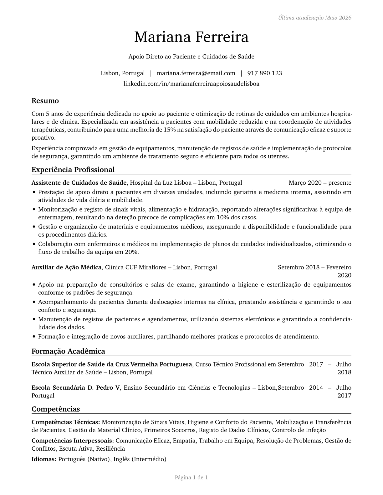 Healthcare Support Workers, All Other CV in Portuguese — page 1