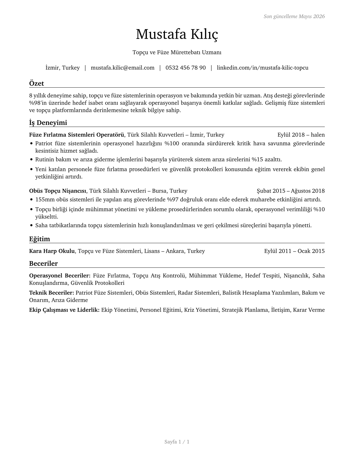 Artillery and Missile Crew Members CV in Turkish — page 1