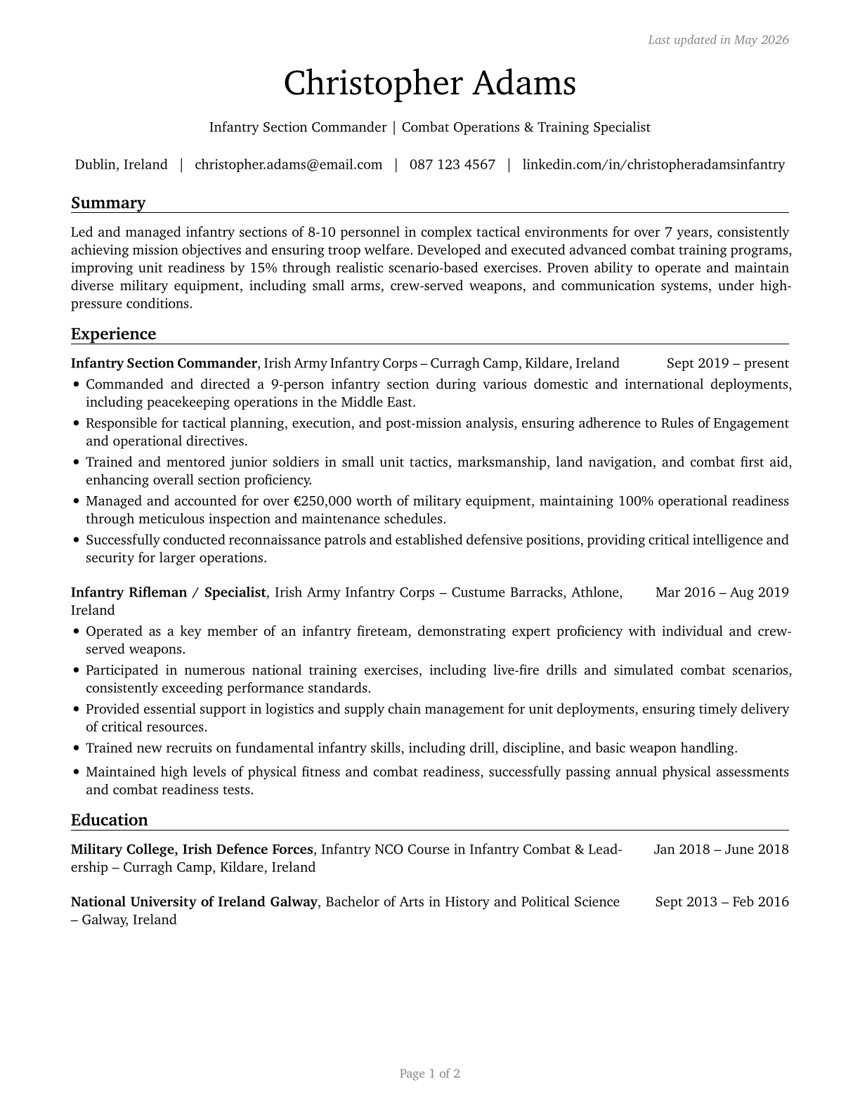 Infantry CV in English — page 1