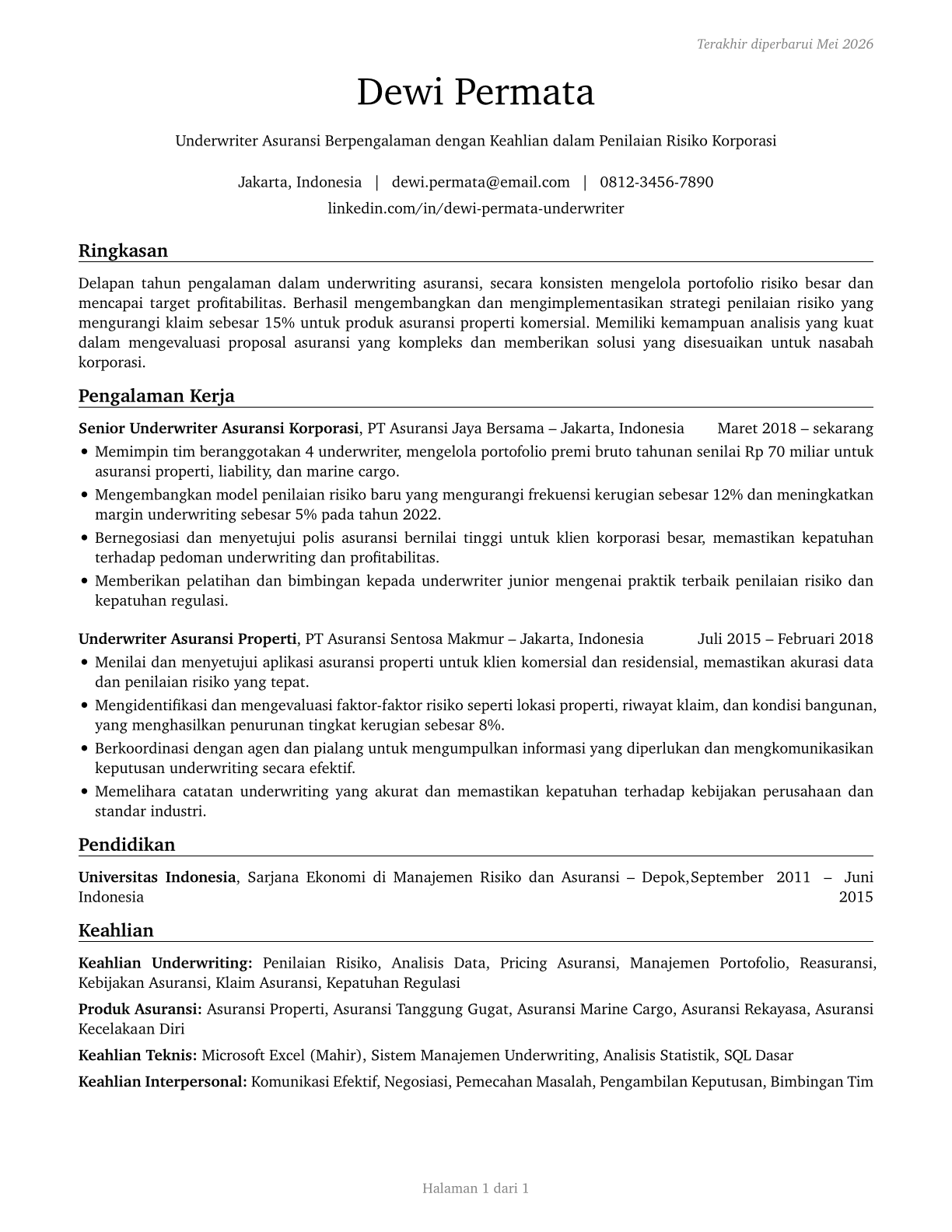 Insurance Underwriters CV in Indonesian — page 1