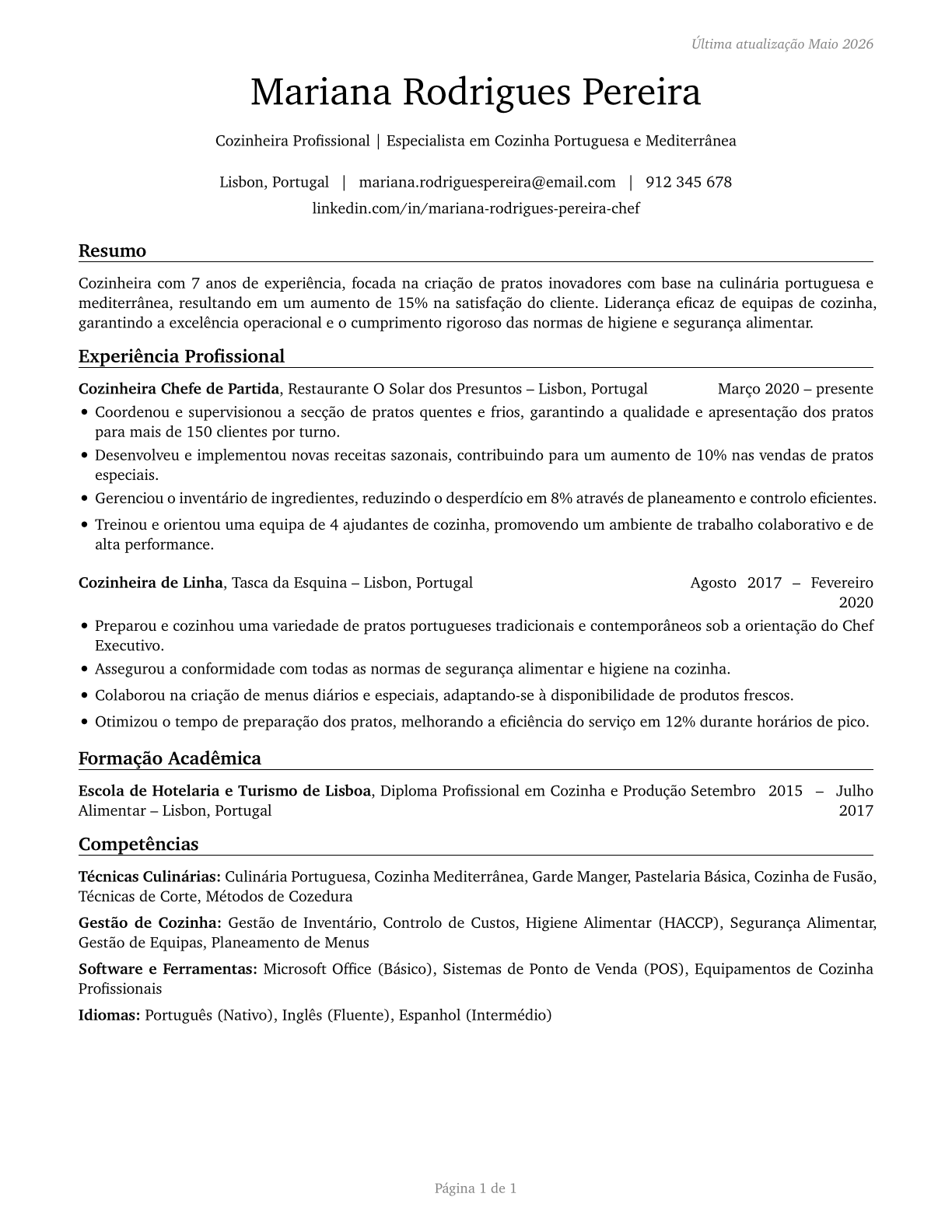 Cooks, Restaurant CV in Portuguese — page 1