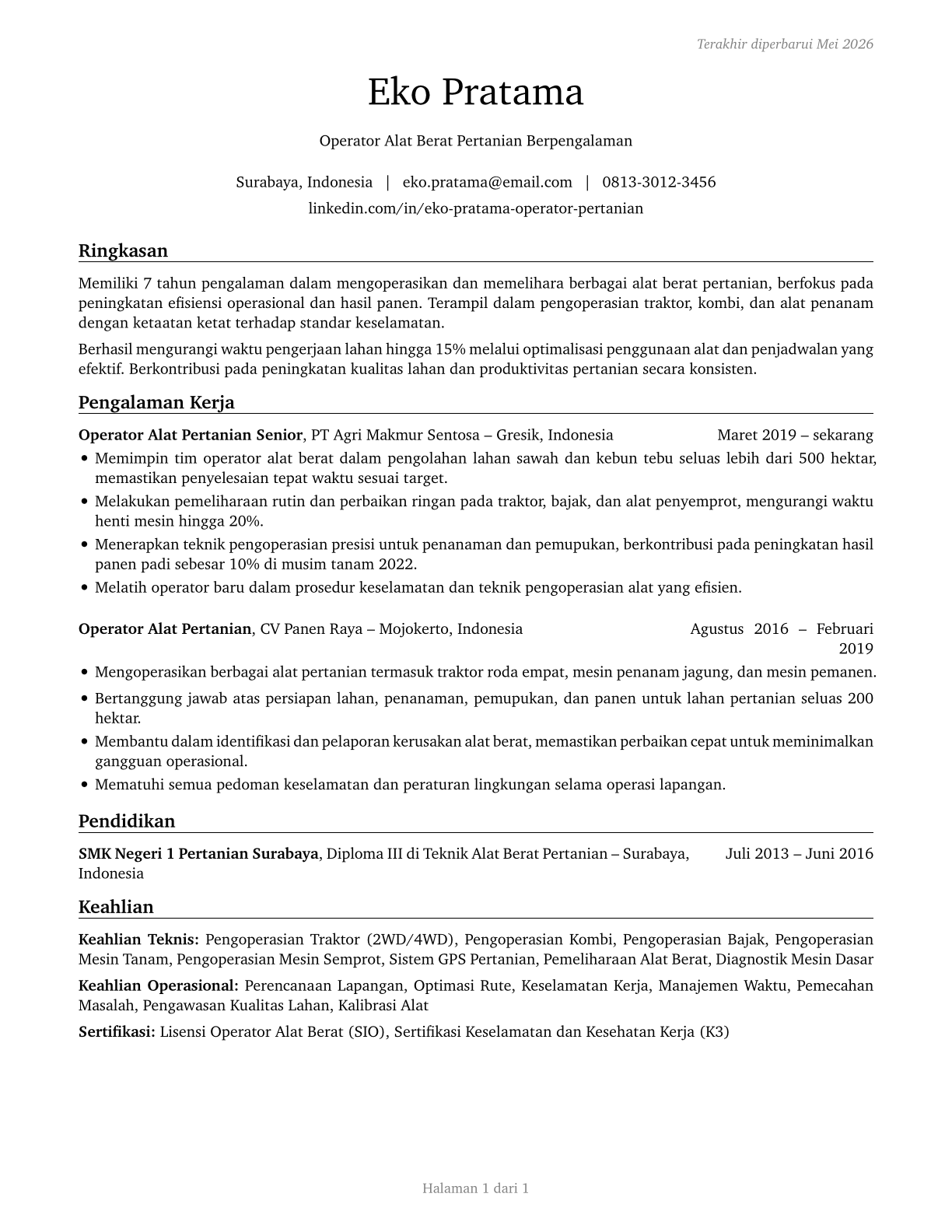 Agricultural Equipment Operators CV in Indonesian — page 1