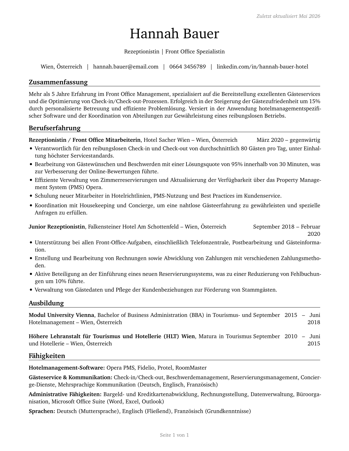 Hotel, Motel, and Resort Desk Clerks CV in German — page 1